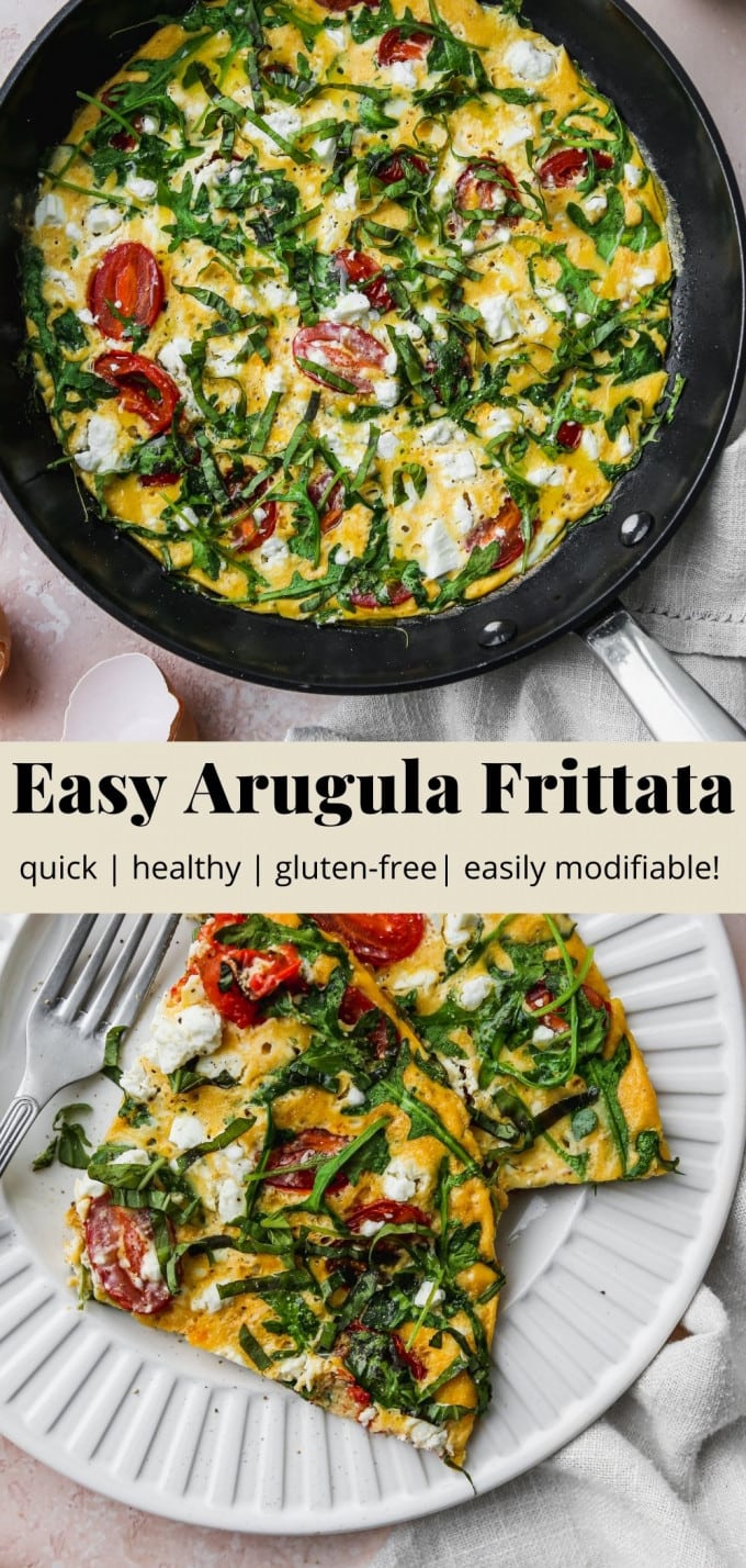Pinterest graphic for an easy arugula and tomato frittata recipe.