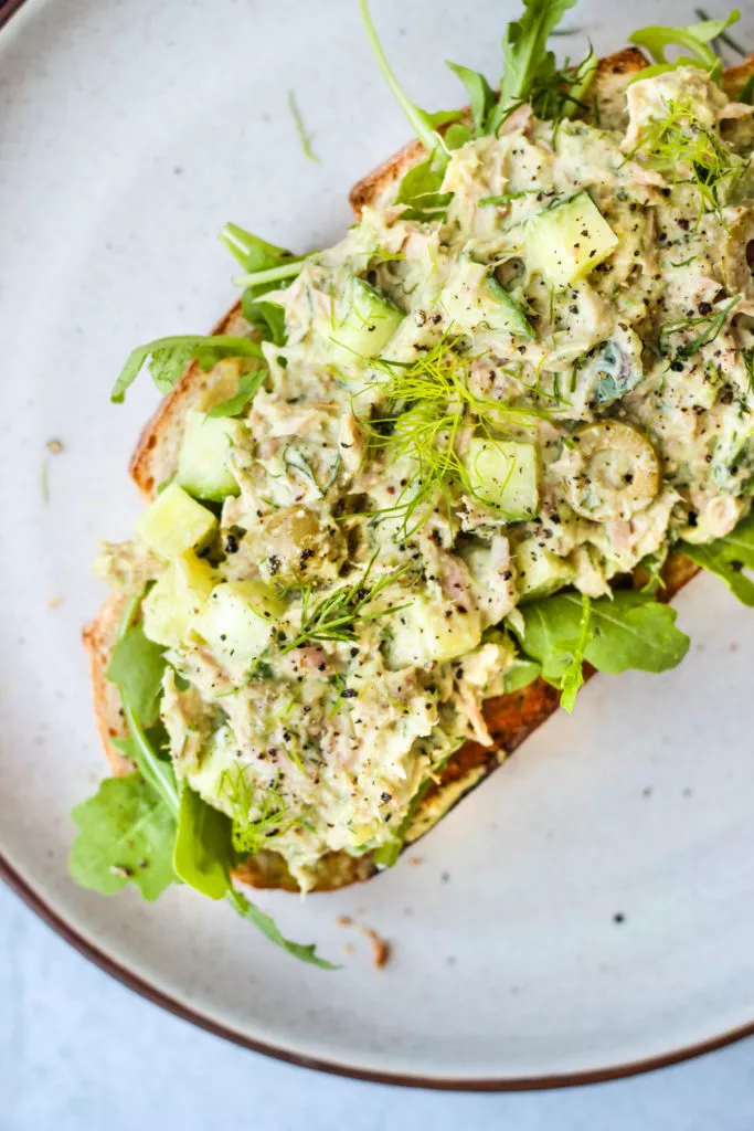 no mayo tuna salad on toast with arugula