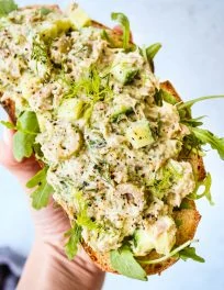 no mayo tuna salad on toast with arugula