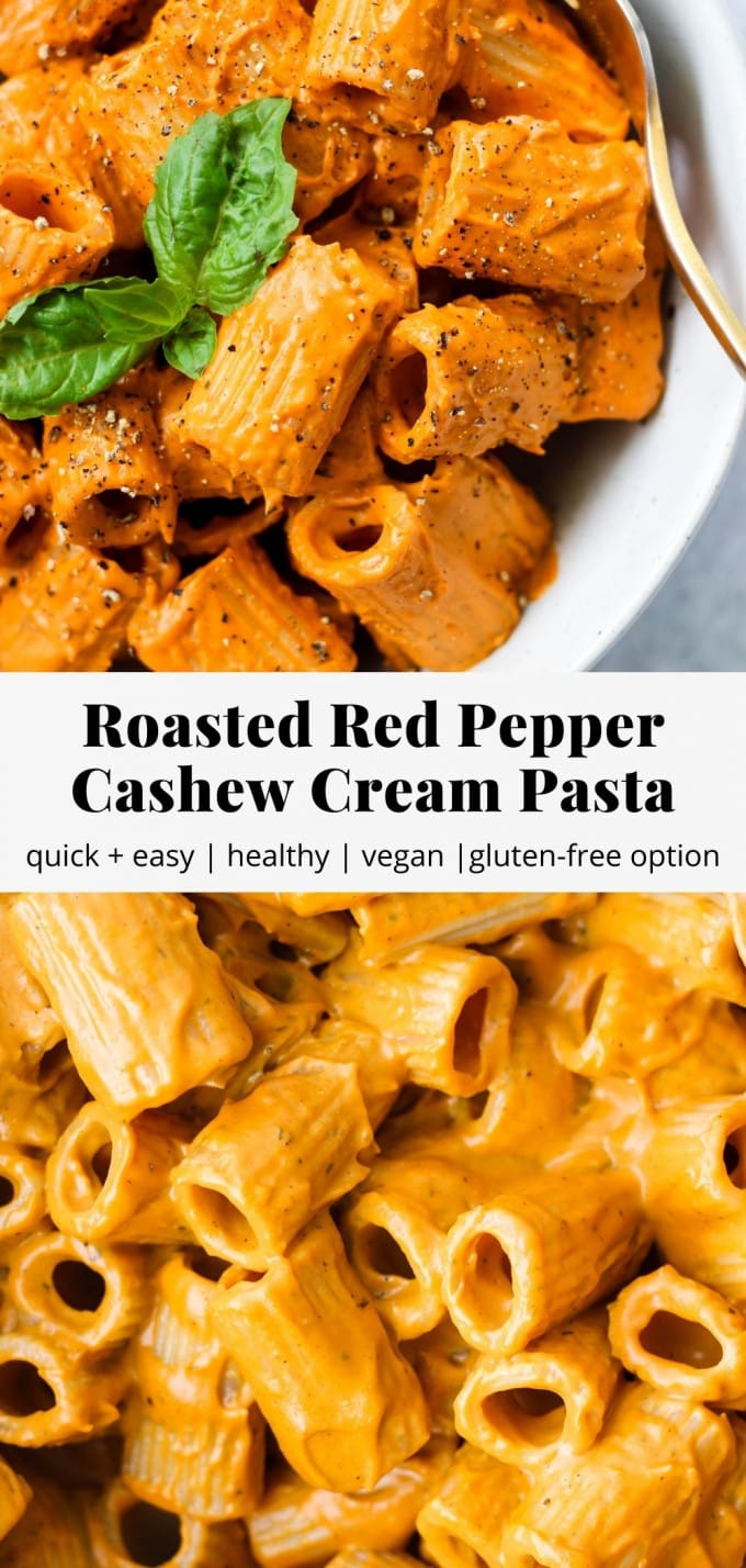 Pinterest graphic for pasta with vegan roasted red pepper cashew cream sauce recipe.