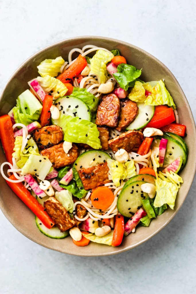 cold soba noodles salad with tempeh, lettuce, cucumbers, carrots, red peppers, and radishes in a brown bowl