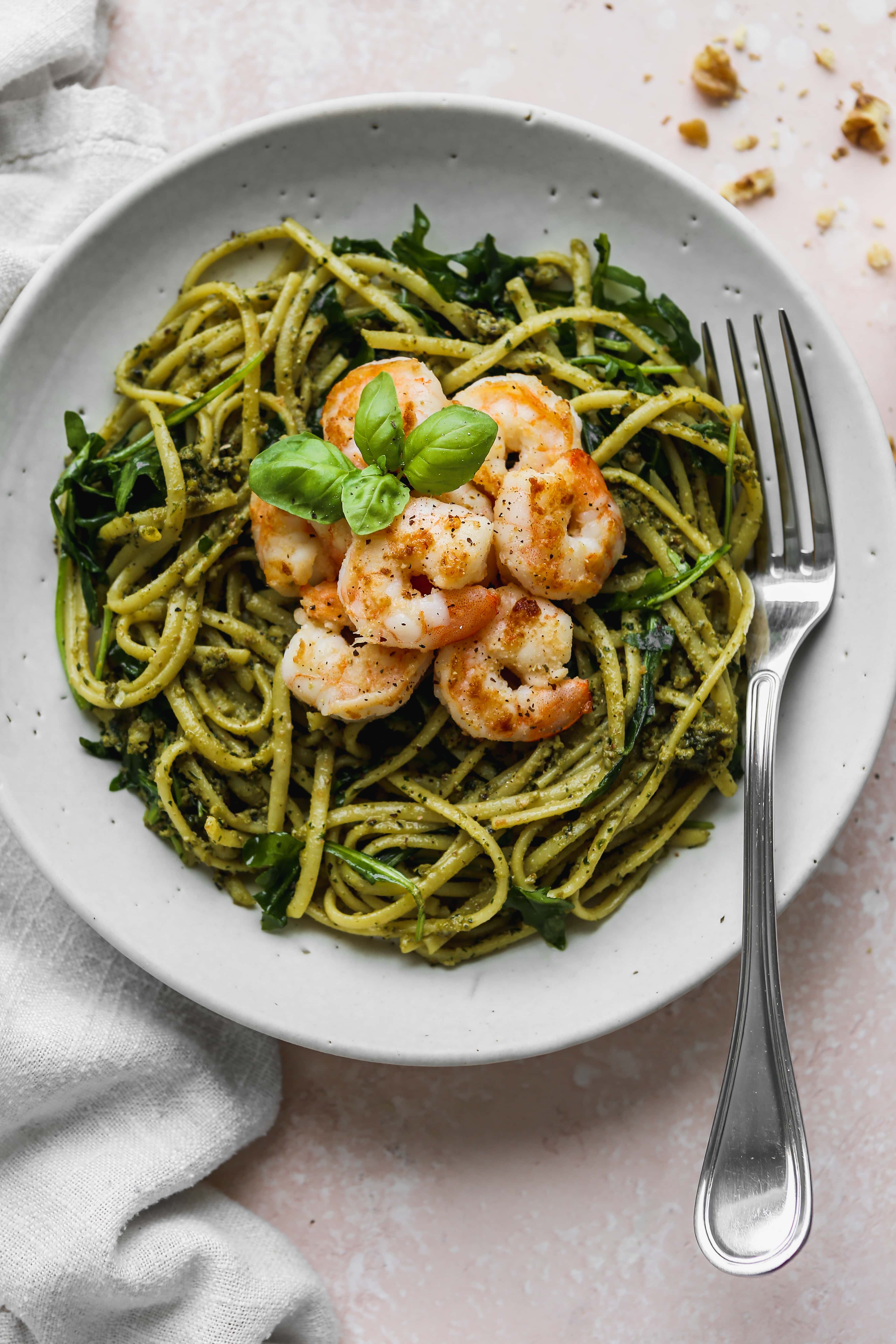 Healthy Pesto Linguine Pasta With Shrimp - Walder Wellness, Dietitian