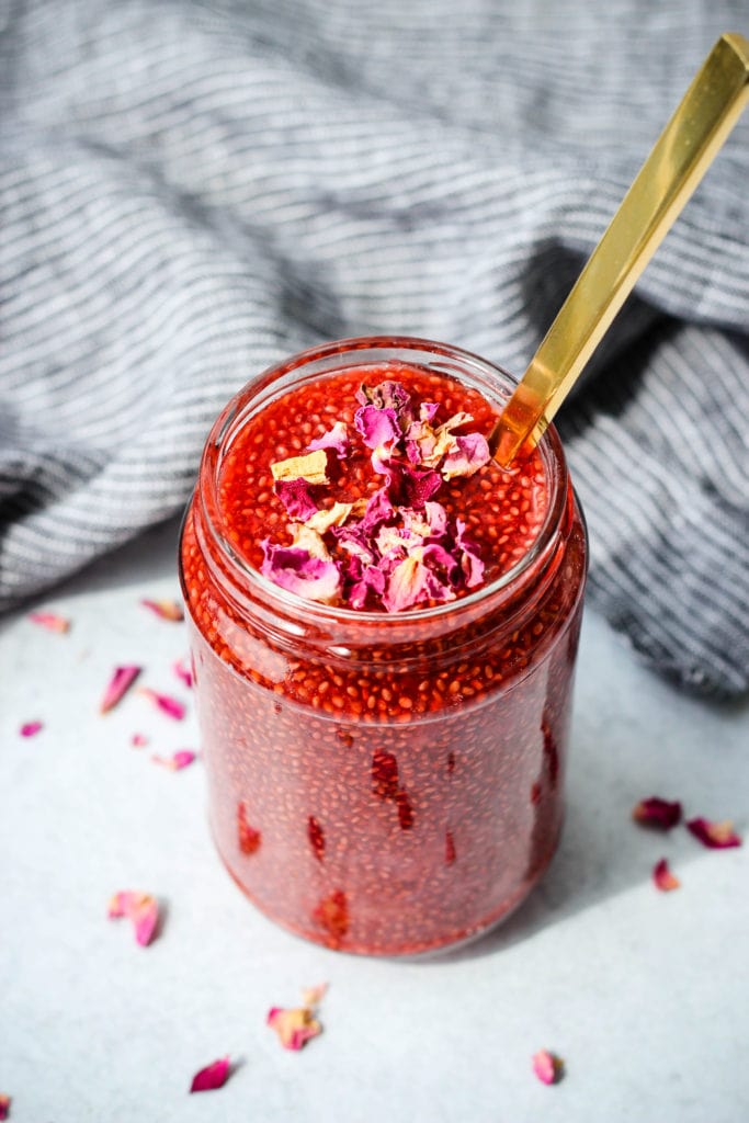 strawberry rose chia jam in a glass jar