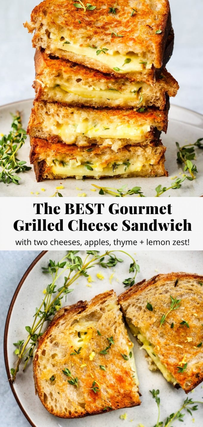 Pinterest graphic for gourmet grilled cheese sandwich recipe.