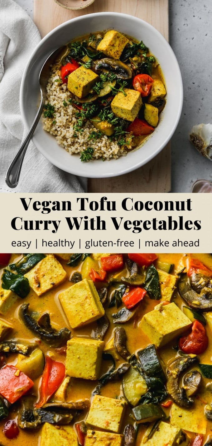 Pinterest graphic for vegan tofu coconut curry with vegetables recipe.