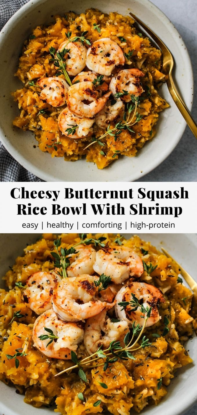 Pinterest graphic for butternut squash rice bowl with shrimp recipe.