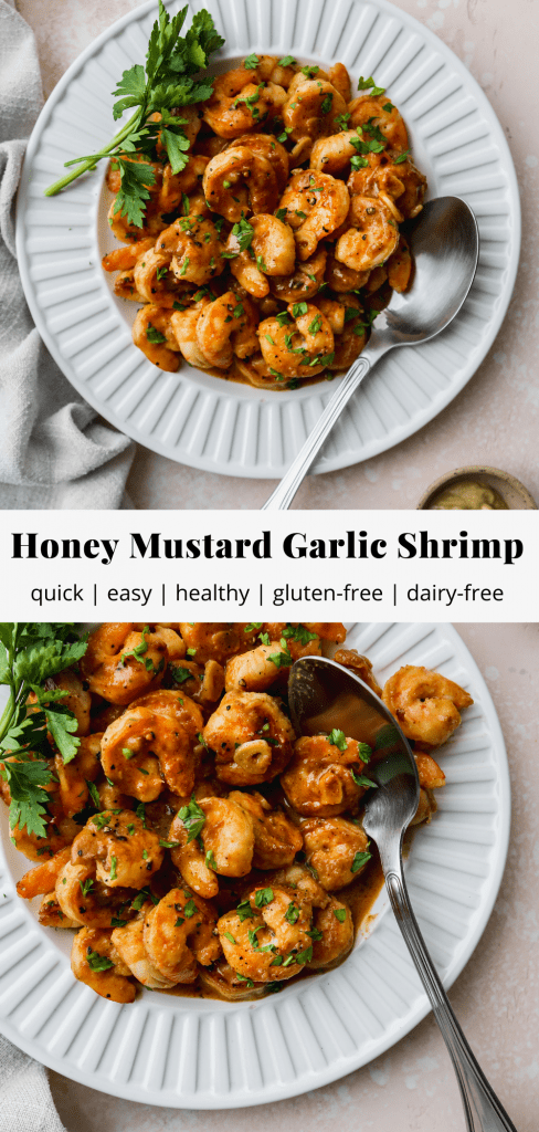 pinterest graphic for honey mustard garlic shrimp recipe