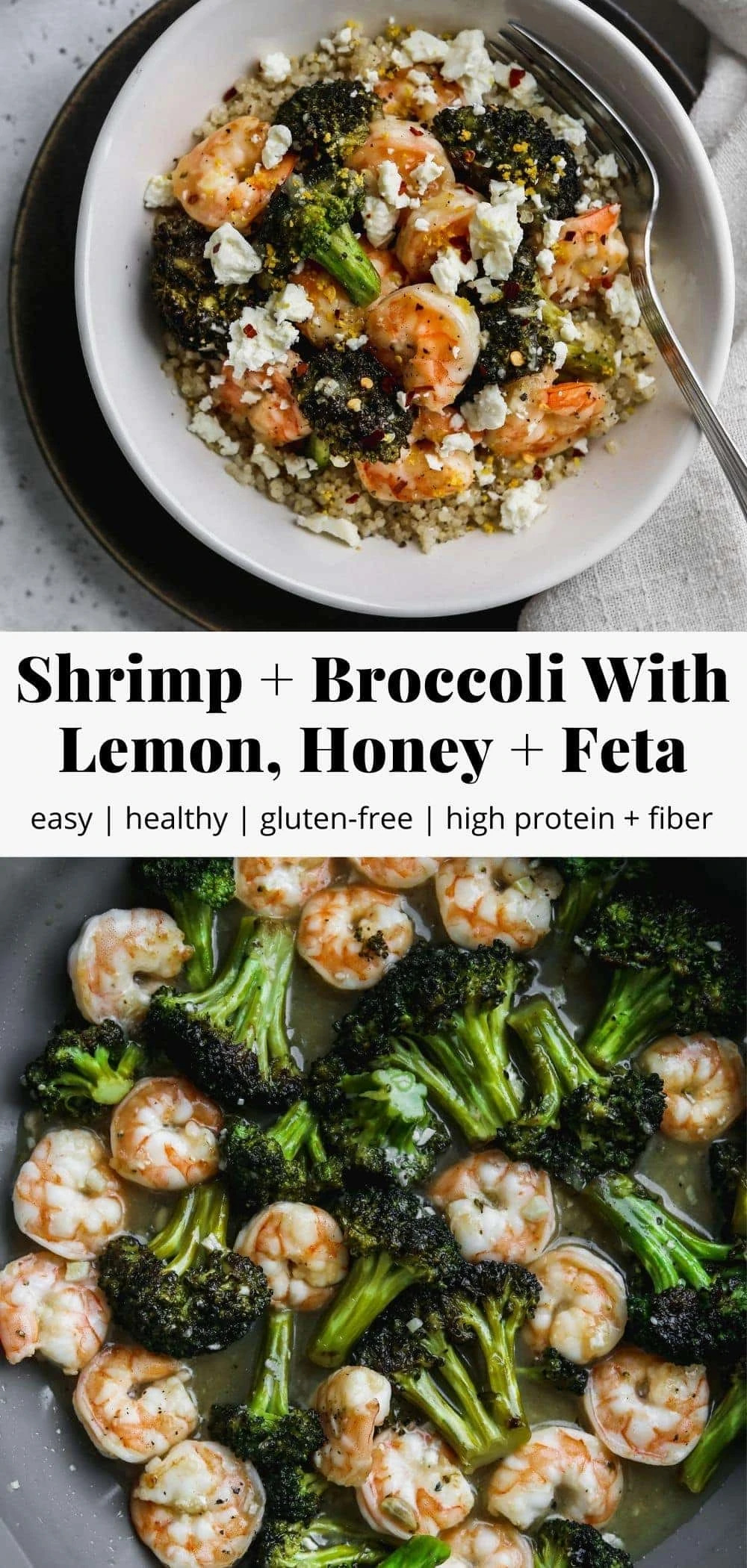 Pinterest graphic for shrimp and broccoli with lemon, honey, and feta recipe.