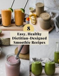 A blog graphic for a roundup of easy, healthy dietitian-designed smoothie recipes