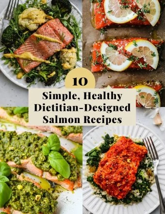 Pinterest graphic for a roundup of simple, healthy salmon recipe ideas.