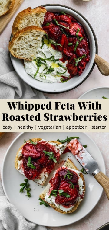 Pinterest graphic for a whipped feta with balsamic roasted strawberries appetizer recipe.