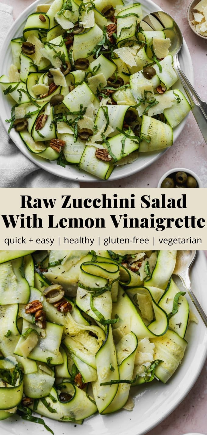 Pinterest graphic for a raw zucchini salad with lemon vinaigrette recipe.
