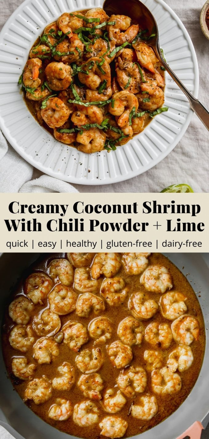 Pinterest graphic for creamy coconut shrimp with chili powder and lime recipe.