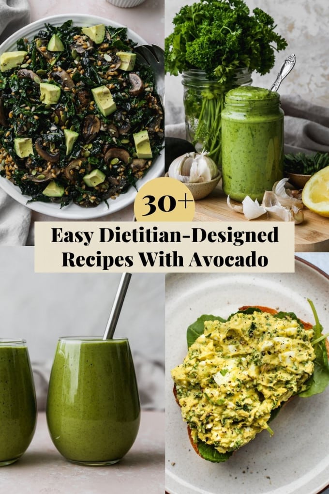Graphic for a roundup of 30+ easy healthy recipes with avocado.
