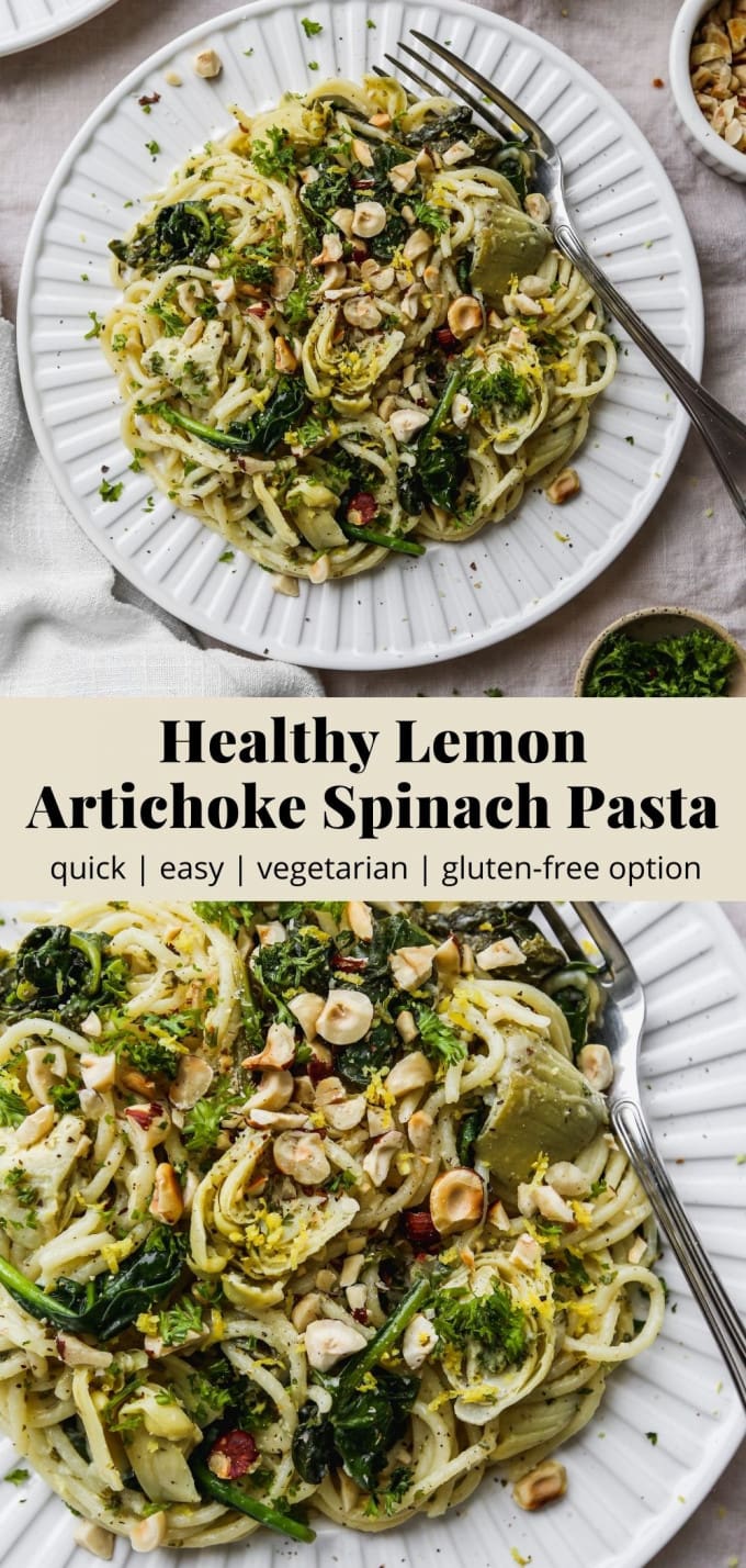 Pinterest graphic for a healthy lemon artichoke and spinach pasta recipe.