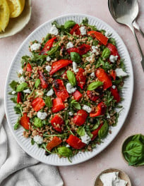 Overhead photo of a roasted red pepper salad with farro, arugula, goat cheese, and basil on a white serving plate.
