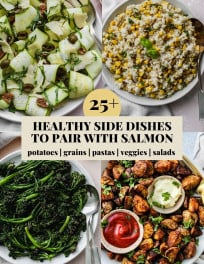 Pinterest graphic for healthy side dishes to pair with salmon recipe roundup.