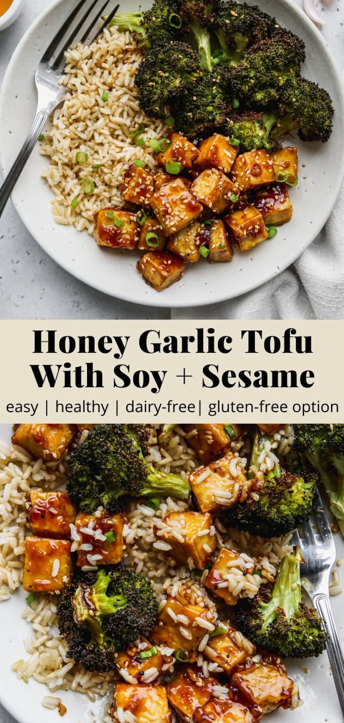 Pinterest graphic for a honey garlic tofu recipe with soy and sesame.