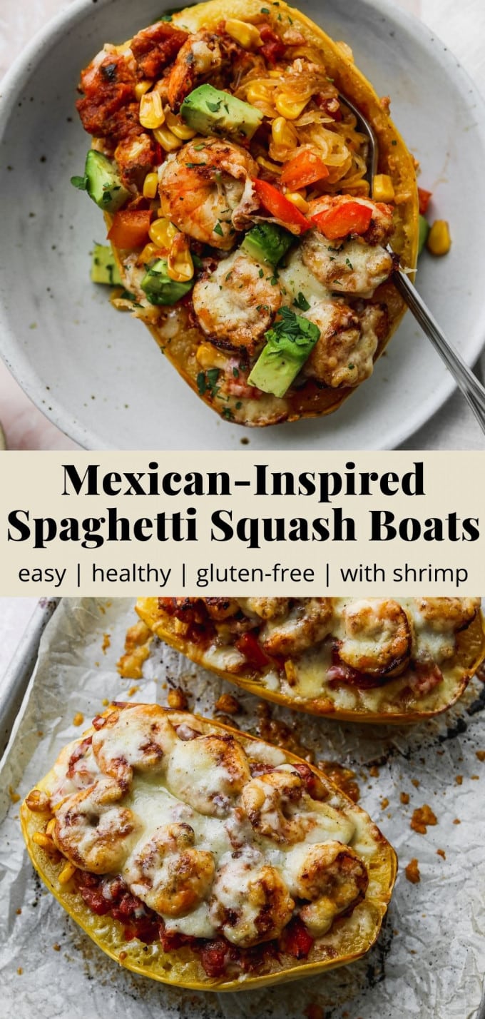 Pinterest graphic for a mexican-inspired spaghetti squash boat recipe.