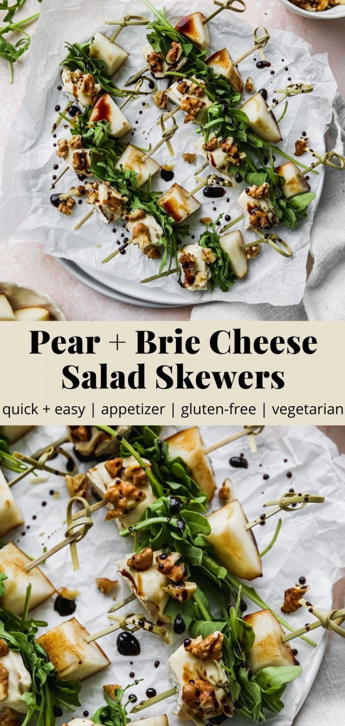 Pinterest graphic for a pear and brie salad skewers recipe.