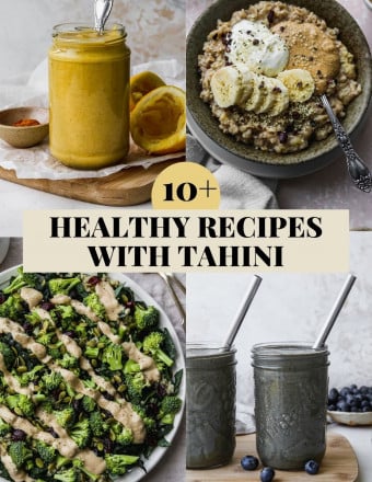 Graphic for a roundup post of healthy recipes with tahini.