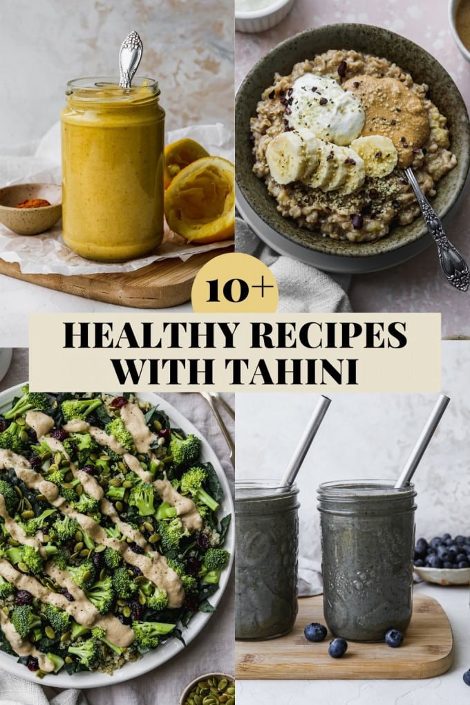 Graphic for a roundup post of healthy recipes with tahini.