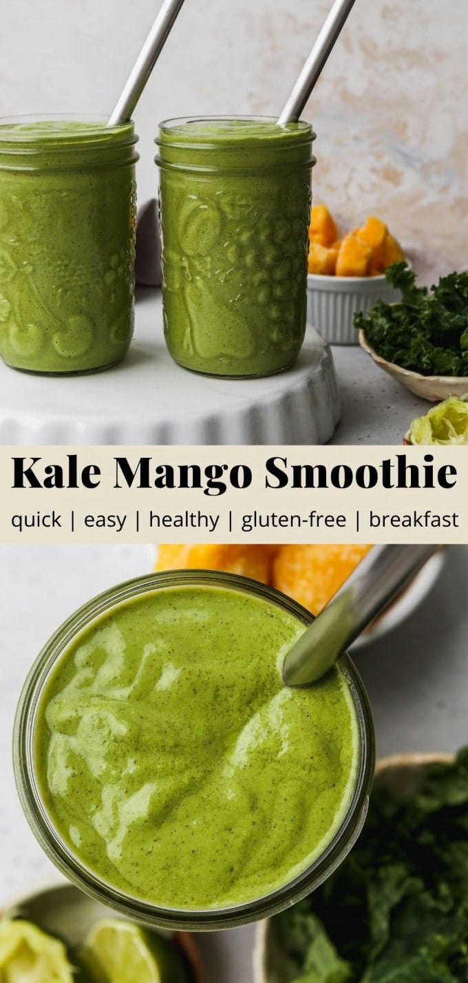 Pinterest graphic for a kale mango smoothie recipe.