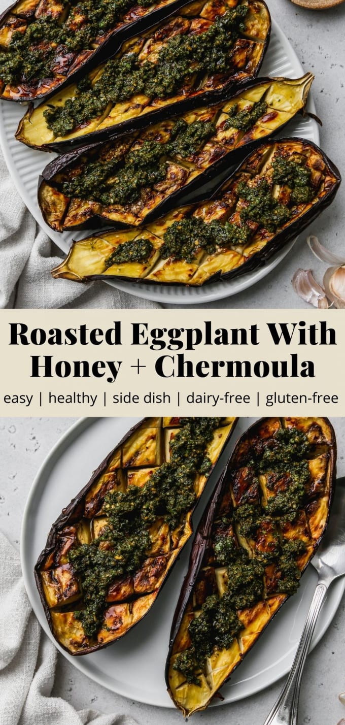Pinterest graphic of a roasted eggplant with honey and chermoula recipe.