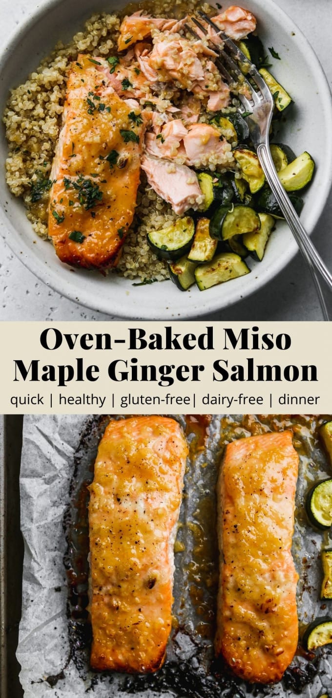 Pinterest graphic of a baked miso maple ginger salmon recipe.