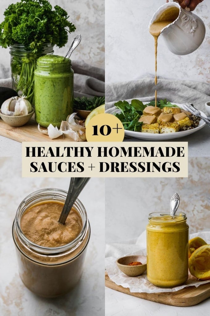 Blog graphic for a recipe roundup of healthy homemade sauces and dressings.