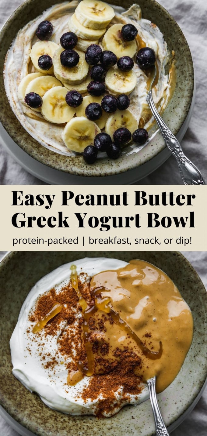 Pinterest graphic for an easy peanut butter greek yogurt bowl recipe.