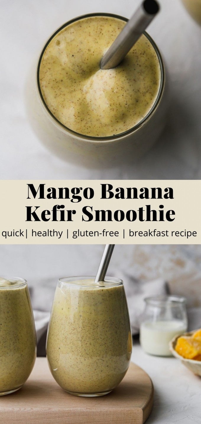 Pinterest graphic for a mango banana kefir smoothie recipe.