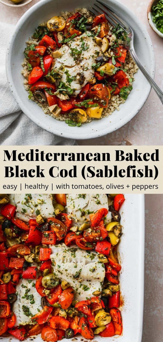 Pinterest graphic for a mediterranean baked black cod (sablefish) recipe.