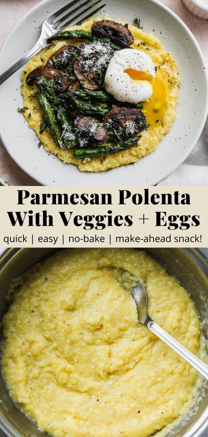 Pinterest graphic for a parmesan polenta with vegetables and eggs recipe.