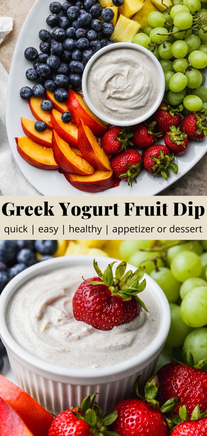 Pinterest graphic for a healthy greek yogurt fruit dip recipe.