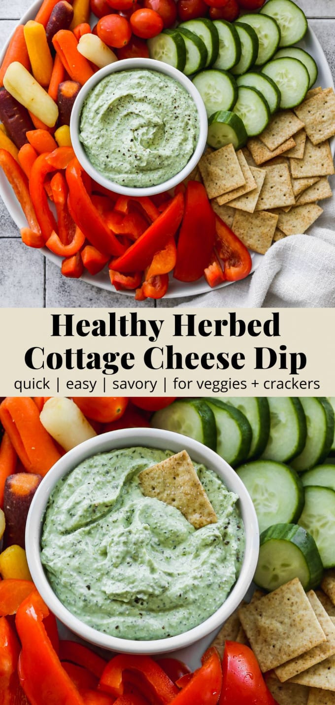 Pinterest graphic for a healthy cottage cheese dip recipe.
