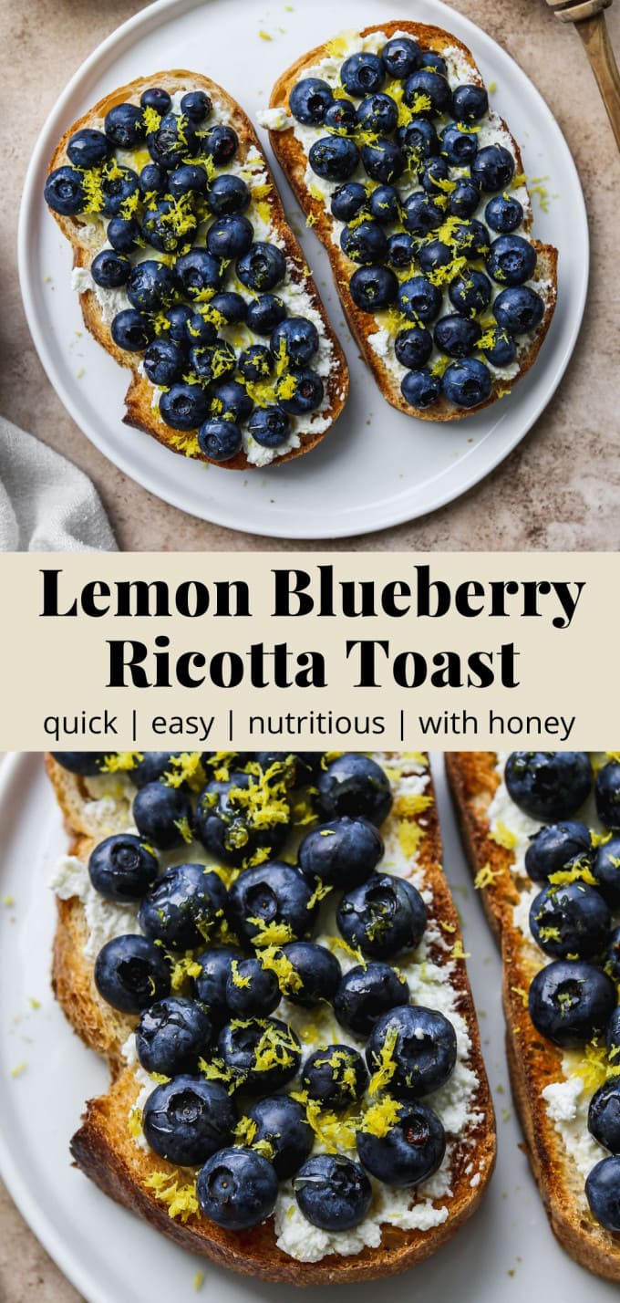 Pinterest graphic for a lemon blueberry ricotta toast recipe.