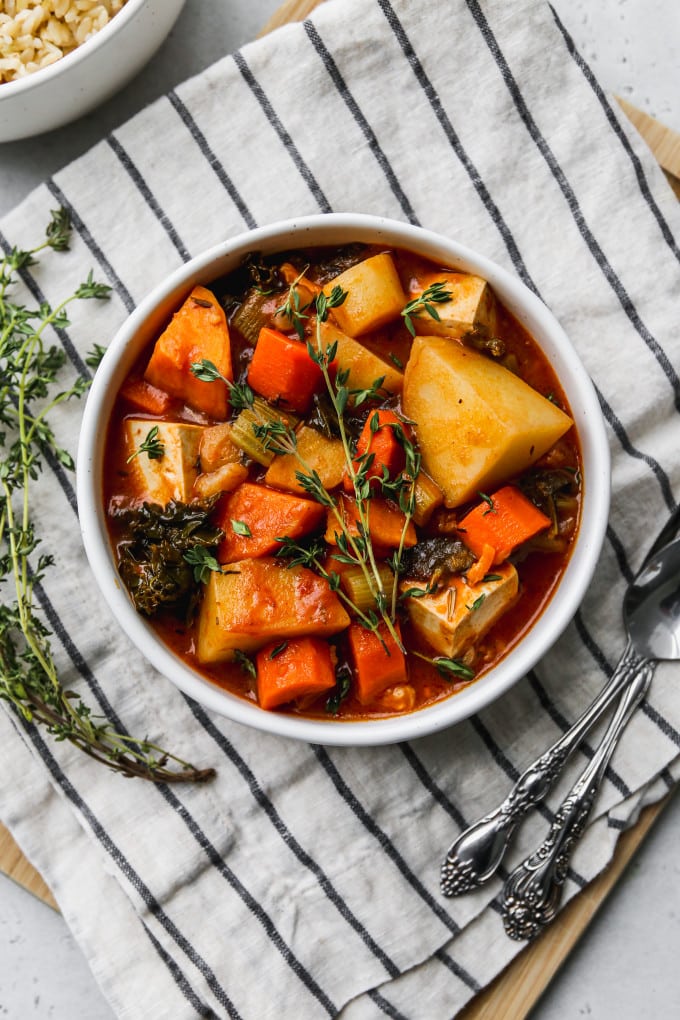 Vegan vegetable stew in a small bowl.