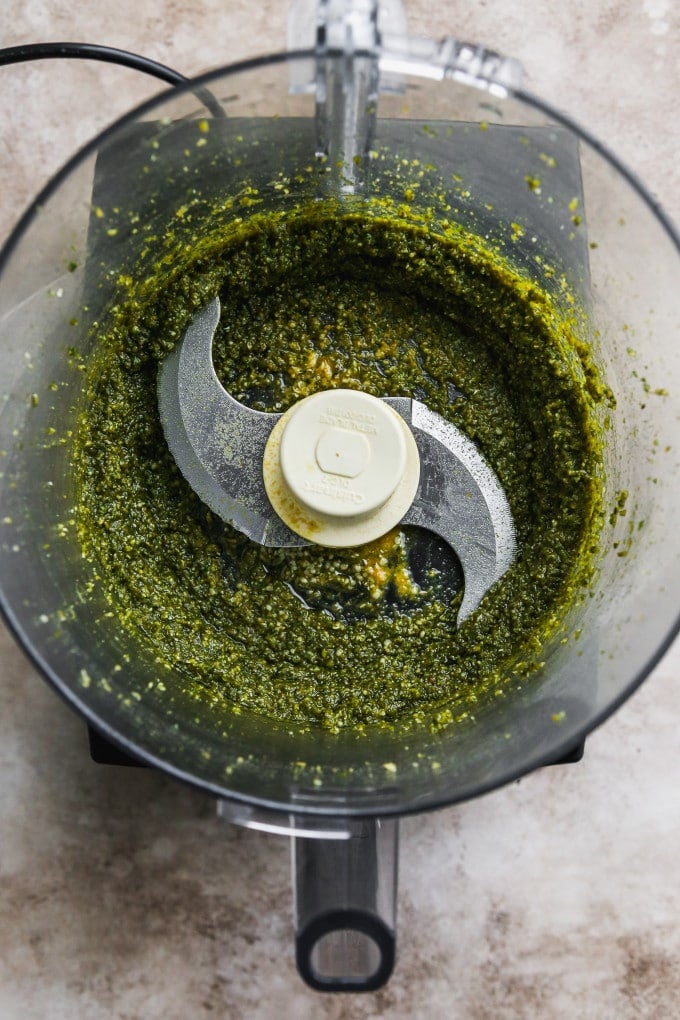 Homemade pesto blended in a food processor.