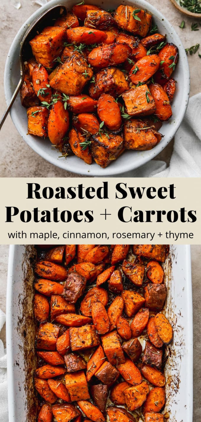 Pinterest graphic for a roasted sweet potato and carrot recipe.