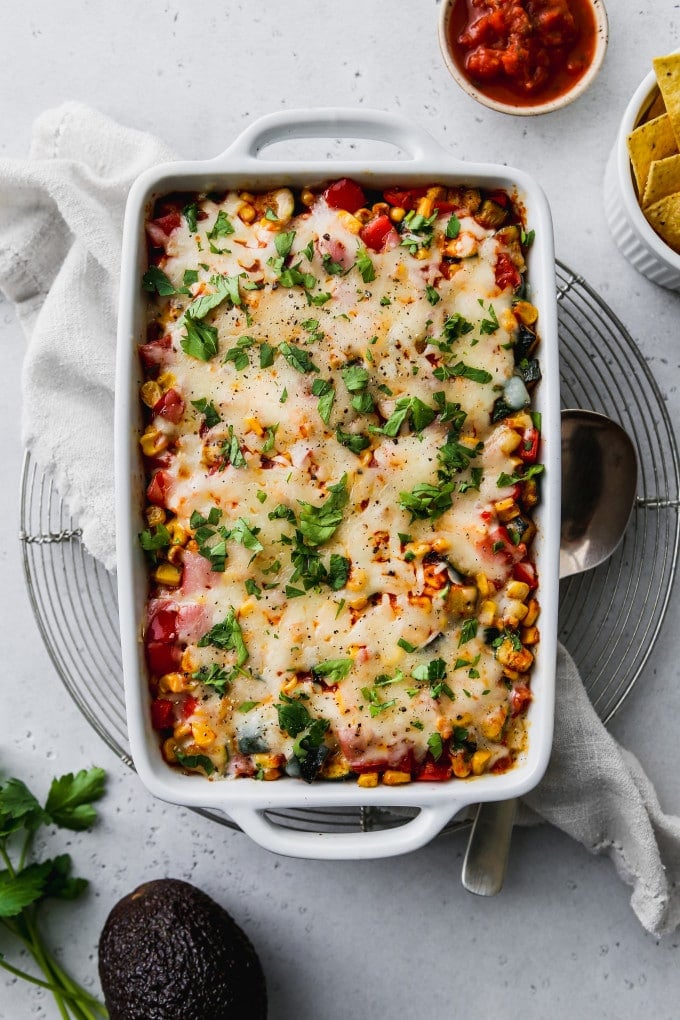 Vegetarian Mexican rice casserole in a white baking dish.
