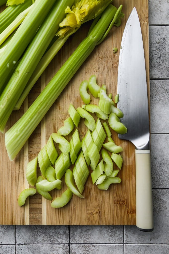Celery stalks sliced into 1/4-inch pieces.