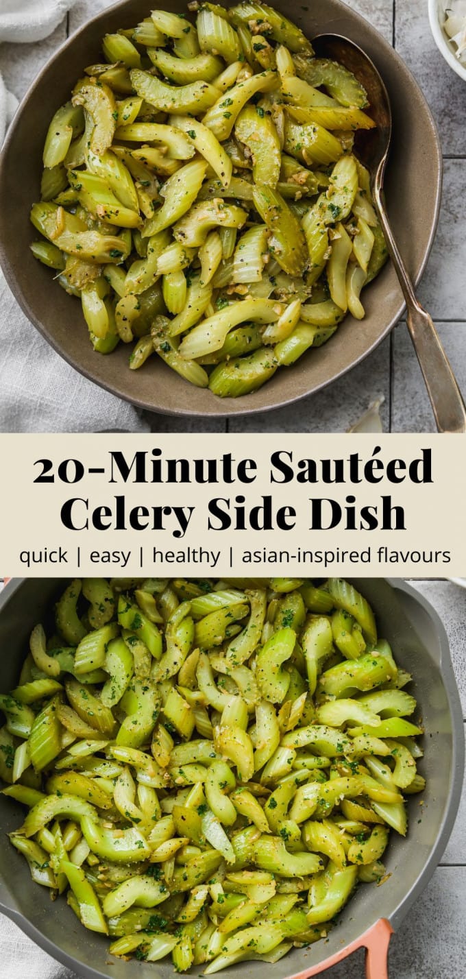 Pinterest graphic for a sautéed celery side dish recipe.