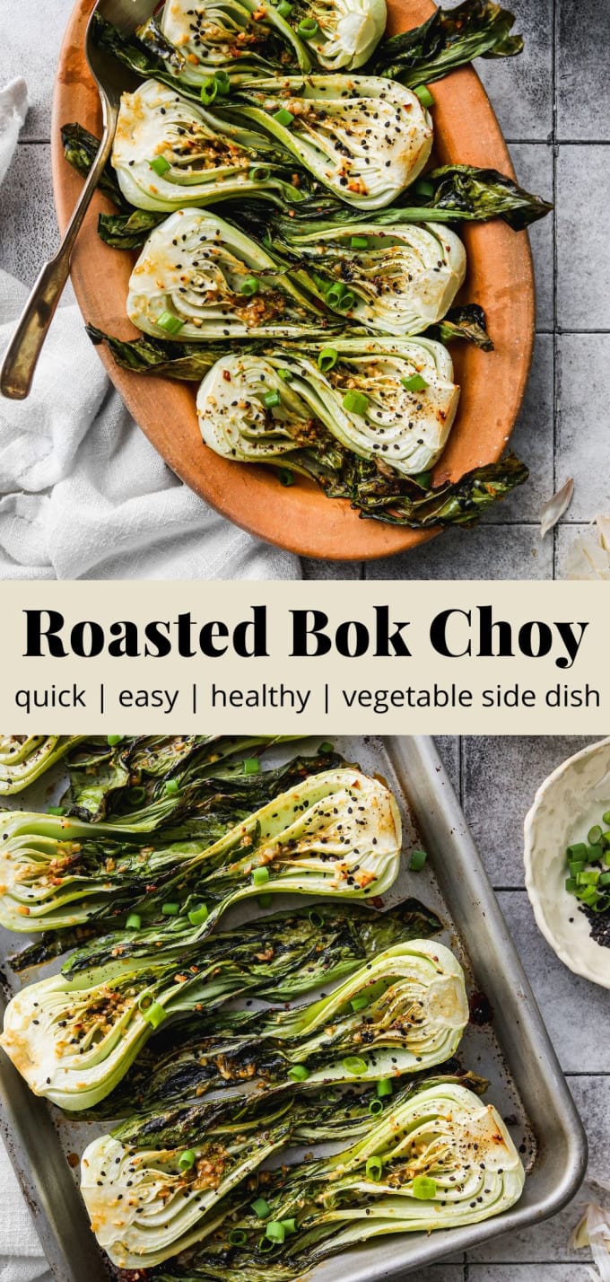 Pinterest graphic for a roasted bok choy recipe.