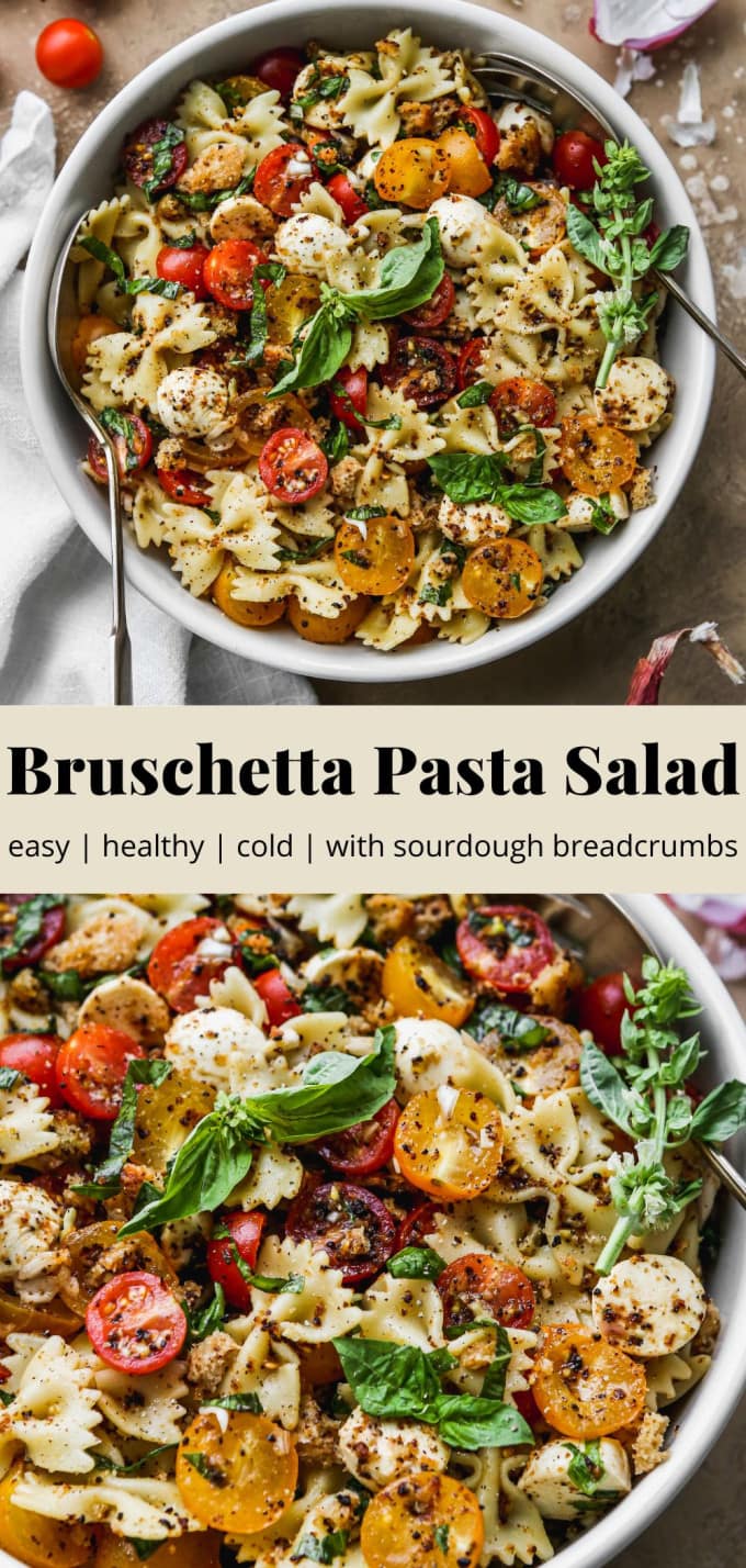 Pinterest graphic for a bruschetta pasta salad recipe.