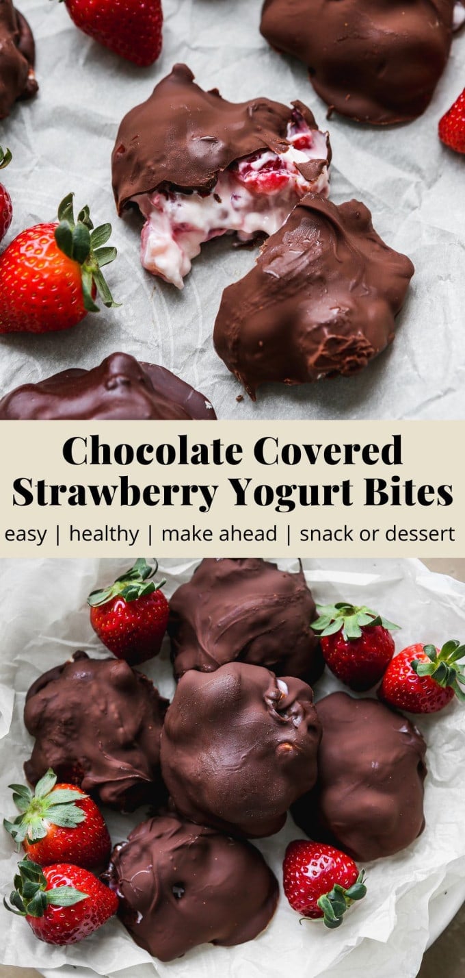 Pinterest graphic for a chocolate covered strawberry yogurt bite recipe.