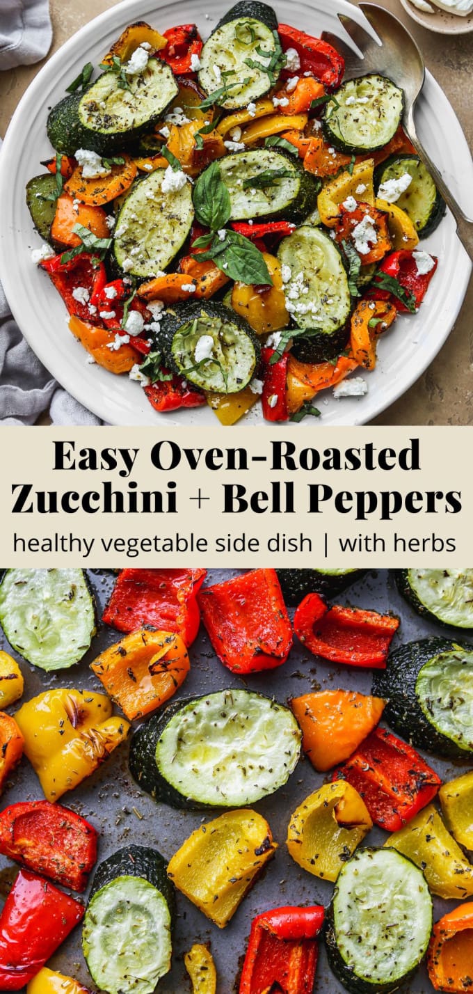 Pinterest graphic for an oven roasted peppers and zucchini recipe.