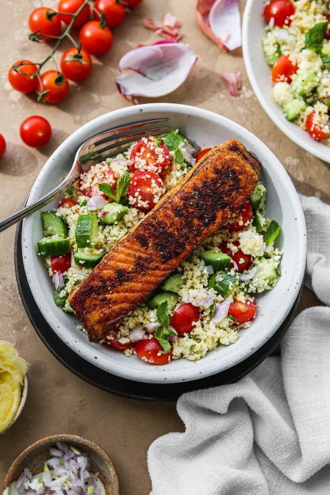 Salmon couscous salad in a bowl.