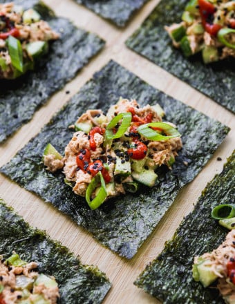 Spicy tuna seaweed snack close up.