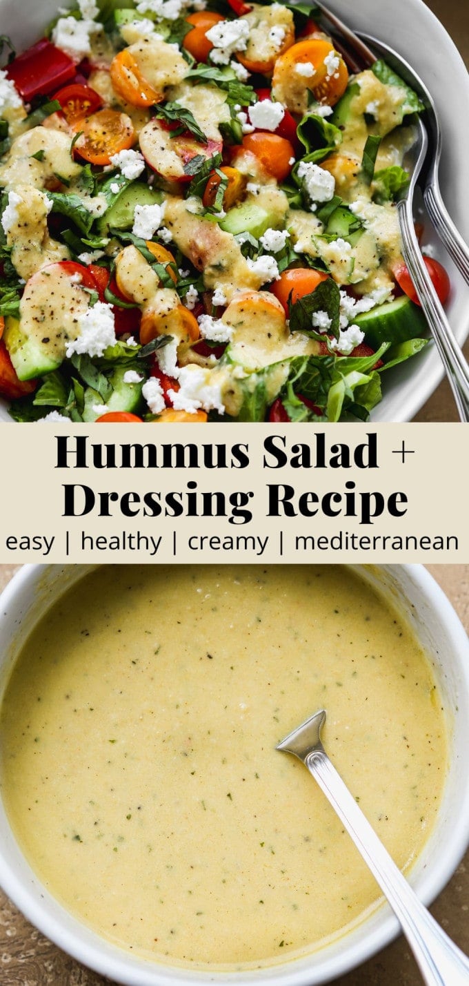 Pinterest graphic for a hummus salad and dressing recipe.